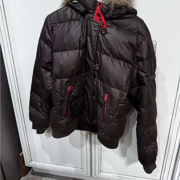 Vintage GAP brown Down puffer hooded fur collar parka jacket winter coat XL - Picture 7 of 15